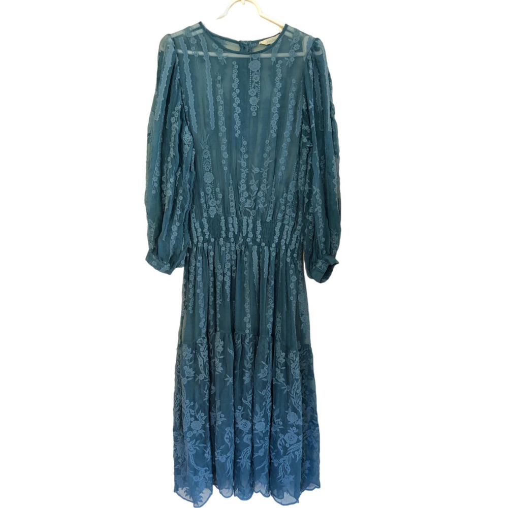 Sundance 100% Silk Sheer Floral Embroidered Praire Boho Long Sleeve Dress